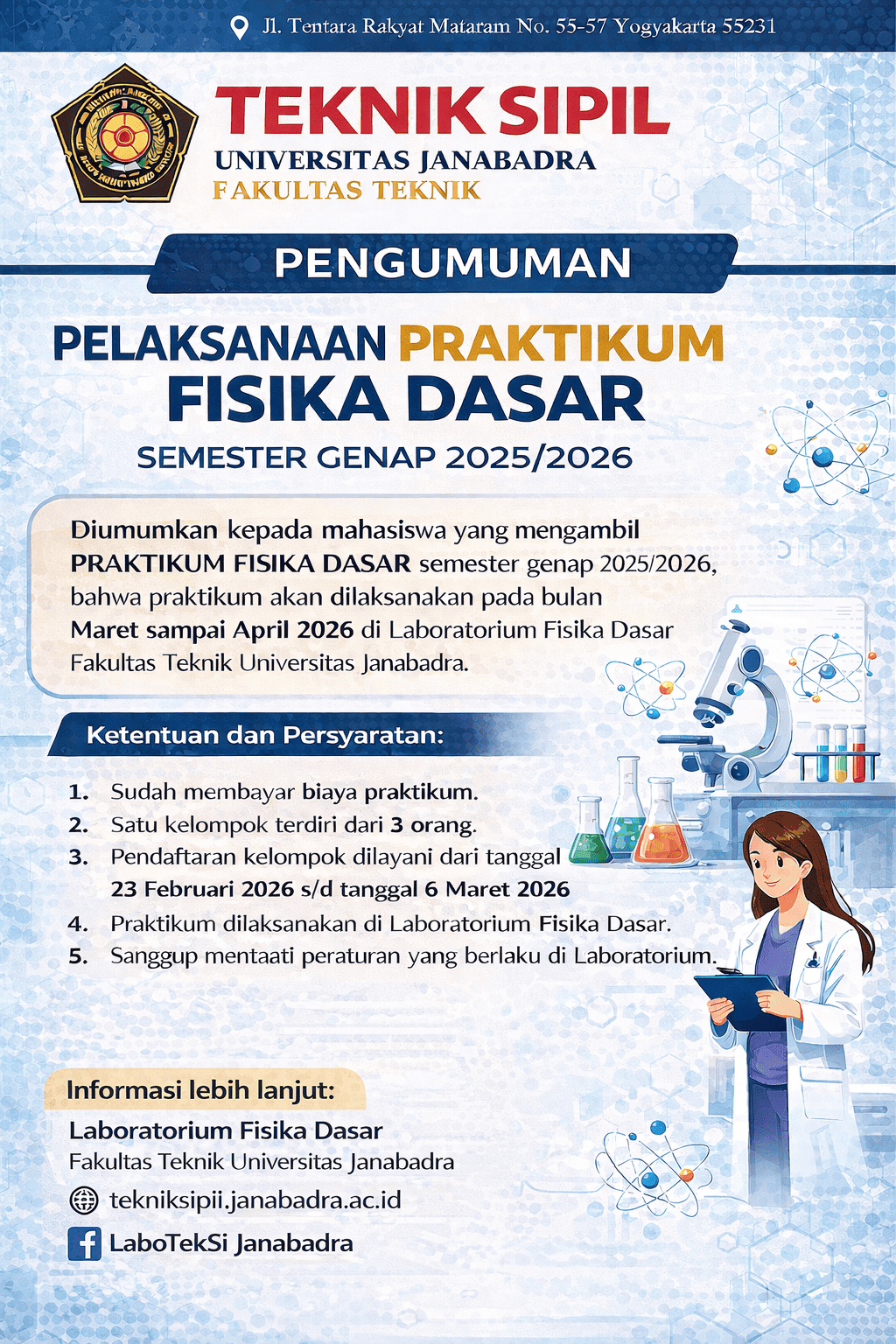 Pengumuman Pelaksanaan Praktikum Fisika Dasar Semester Genap 2025/2026