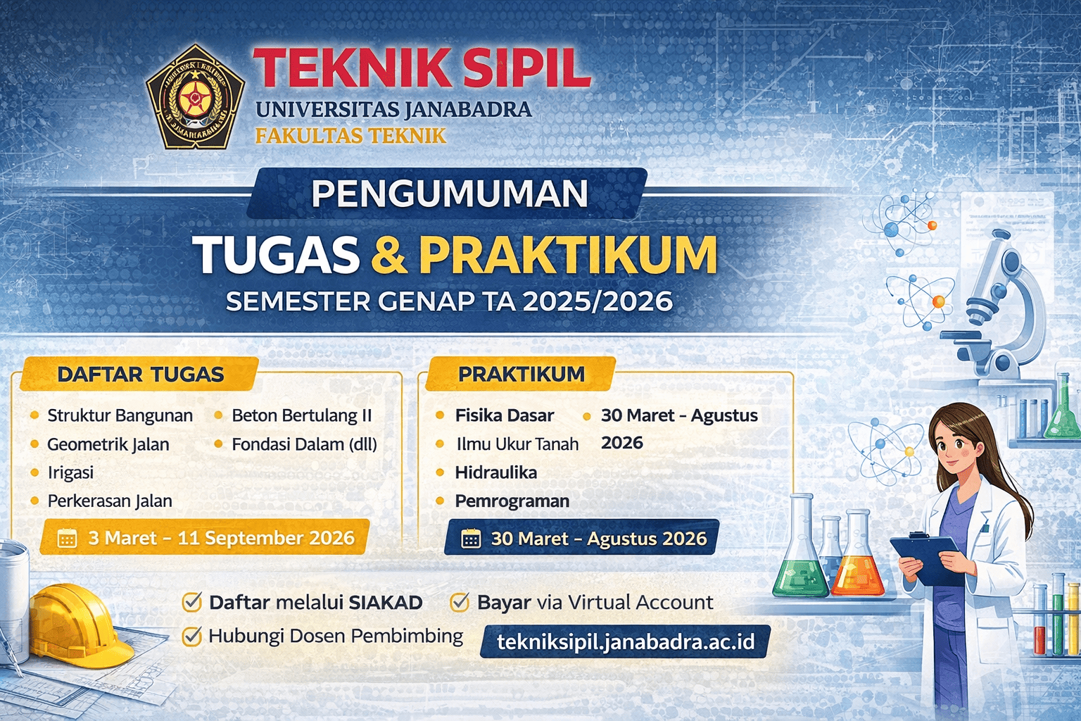 Pengumuman Tugas dan Praktikum Teknik Sipil Semester Genap TA 2025/2026