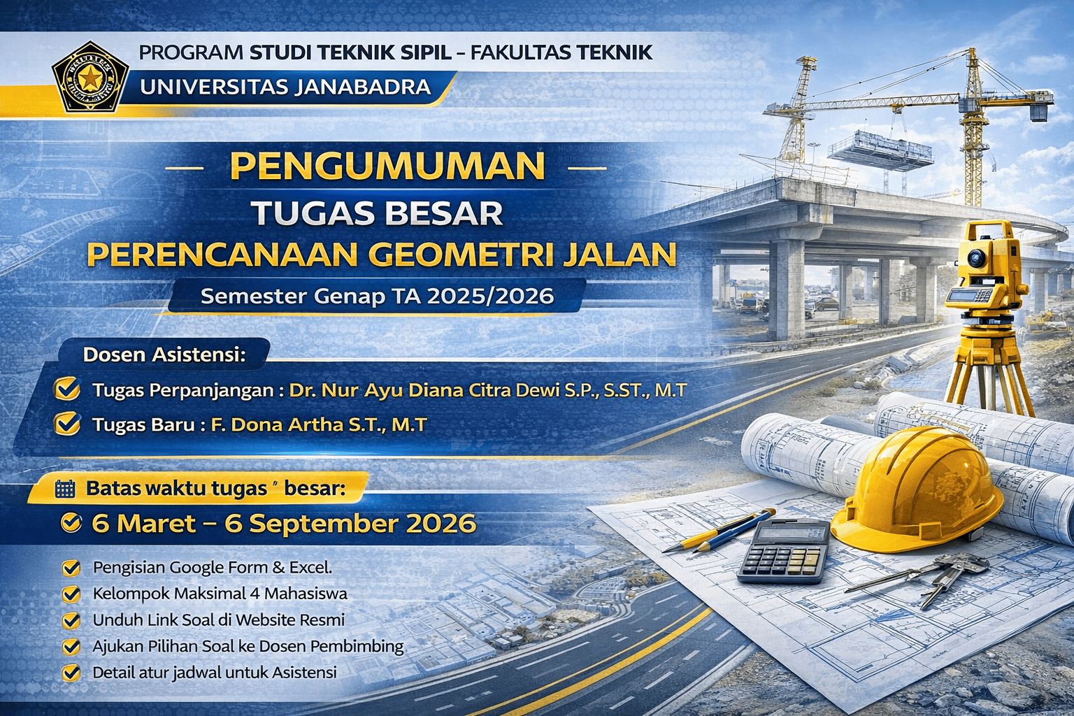 Pengumuman Tugas Besar Perencanaan Geometri Jalan Semester Genap 2025/2026